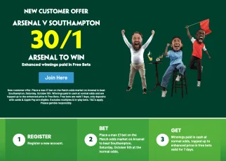 Paddy Power Welcome Offer: Get 30/1 on Arsenal To Win vs Southampton